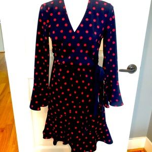 Neiman Marcus blue pink polka dot faux wrap dress